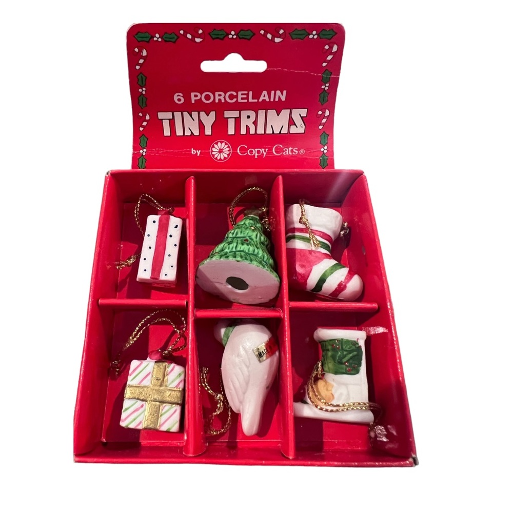 Tiny Christmas Ornaments - Porcelain Tree Trims Stockings, Gifts, Doves